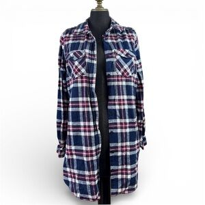 Inso Button Down Top Oversized Long Length Plaid Red Blue Cotton Size Large